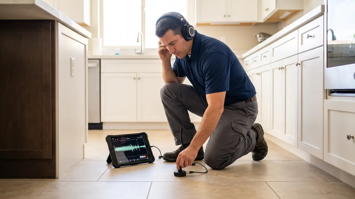 Technician listening for a hidden leak with an acoustic ground microphone during slab leak detection in El Mirage, AZ