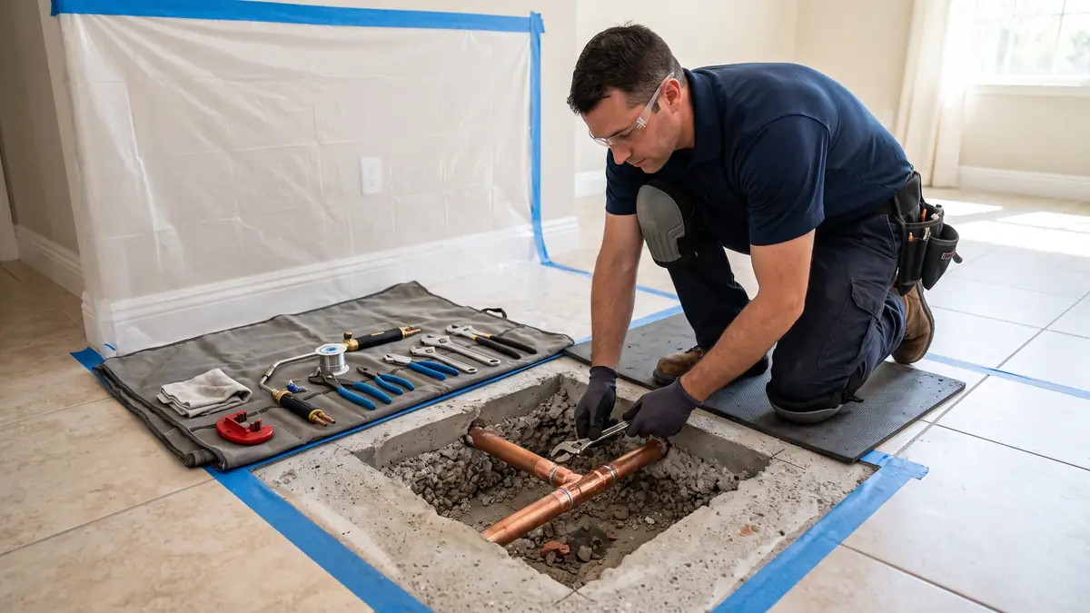 Copper water line repaired through an opening in the concrete slab during slab leak repair in Paramount, CA