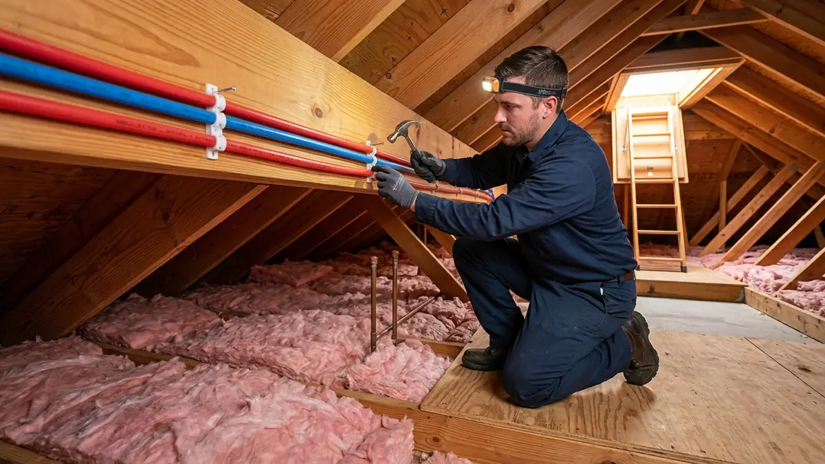 New PEX lines run through an attic to reroute a leak found by slab leak detection and repair