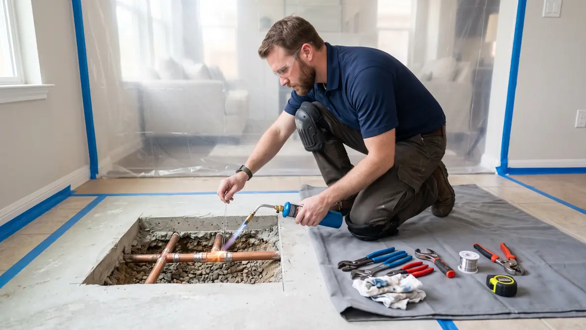 Plumber fixing a copper line through a square cut in the floor after slab leak detection in Cibolo, TX